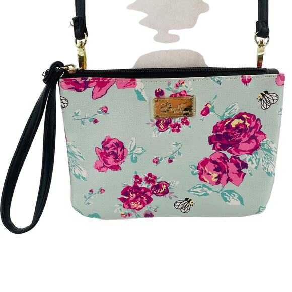 Betsey Johnson Handbags - Betsey Johnson Aqua Pink Floral Crossbody Wristlet Strap Small Shoulder Bag